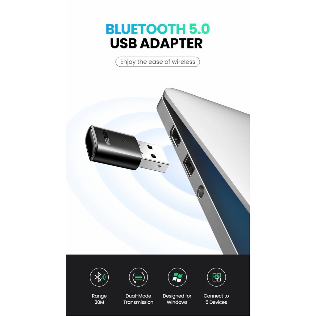 UGREEN รุ่น 80889 USB Bluetooth 5.0 รับ-ส่งสัญญาณ Bluetoothสําหรับหูฟัง, เม้า, คีบอร์ด ไร้สาย *รองรับเฉพาะ PC, Notebook