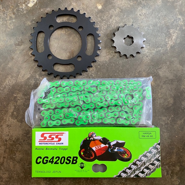 CHAIN 420 SSS SPOCKET SET YAMAHA RXZ/Y125/Y100/Y110 420 SPOCKET SET GREEN CHAIN 420SB
