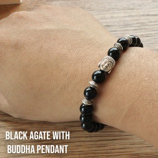 กำไลหินนำโชค Black Agate พร้อมจี้รูปพระ