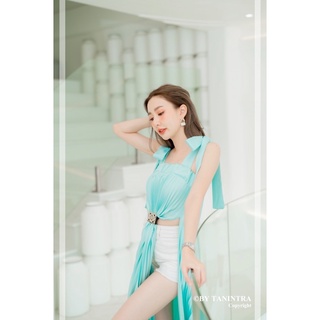 Ppickme💚 เดรสอัดพลีทโบว์ไหล่ เดรสออกงาน💚