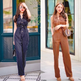 B17325 Jumpsuit จั้มสูทแขนกุด ขายาวลายริ้ว + สายผูกเอว Jumpsuit, sleeveless jumpsuit, long sleeves, stripes + waist tie