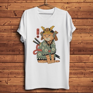 เสื้อยืดผ้าฝ้ายพรีเมี่ยม Ukiyoe neko cat Samurai เสื้อยืดลําลอง แขนสั้น สีขาว สําหรับผู้ชาย ผู้หญิง เหมาะกับฤดูร้อน