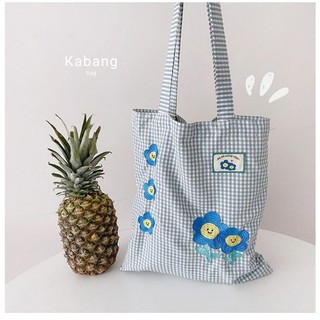 🍬กระเป๋าผ้า Blue Poppy tote bag💙 ลายตาราง ปักลายดอกไม้สีฟ้า5ดอก สดใสมากกกก