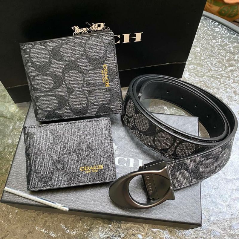 Set กระเป๋าสตางค์ & เข็มขัด Coach แท้ สีเทา สุดคุ้ม ผู้ชาย ของขวัญ
