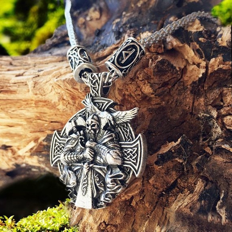 เงิน Amulet สร้อยคอสําหรับชาย Nordic Mythology Warrior Odin Cross จี้เครื่องประดับ Gothic Punk สไตล์