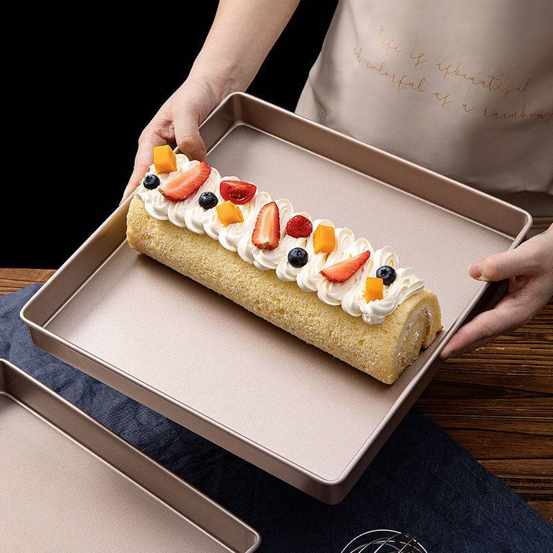 ถาดสี่เหลี่ยมจัตุรัส อบแยมโรล เคลือบ non-stick สีทอง งานหนามาก