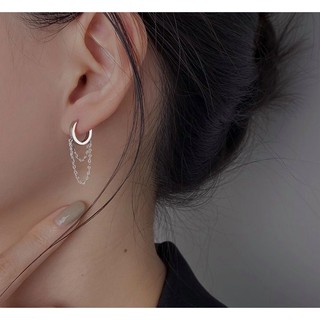 81_goodgift_station -925 silver double chain hoop earrings ต่างหูห่วงกลมแบบล็อค (ขนาดเส้นผ่าศูนย์กลาง 1 cm) ห้อยด้วยโซ่