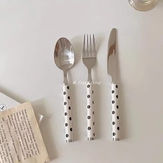 [พร้อมส่ง] 🍽ช้อนส้อมลายจุด ขาว-ดำ ช้อนส้อมมินิมอล ช้อนส้อมคาเฟ่