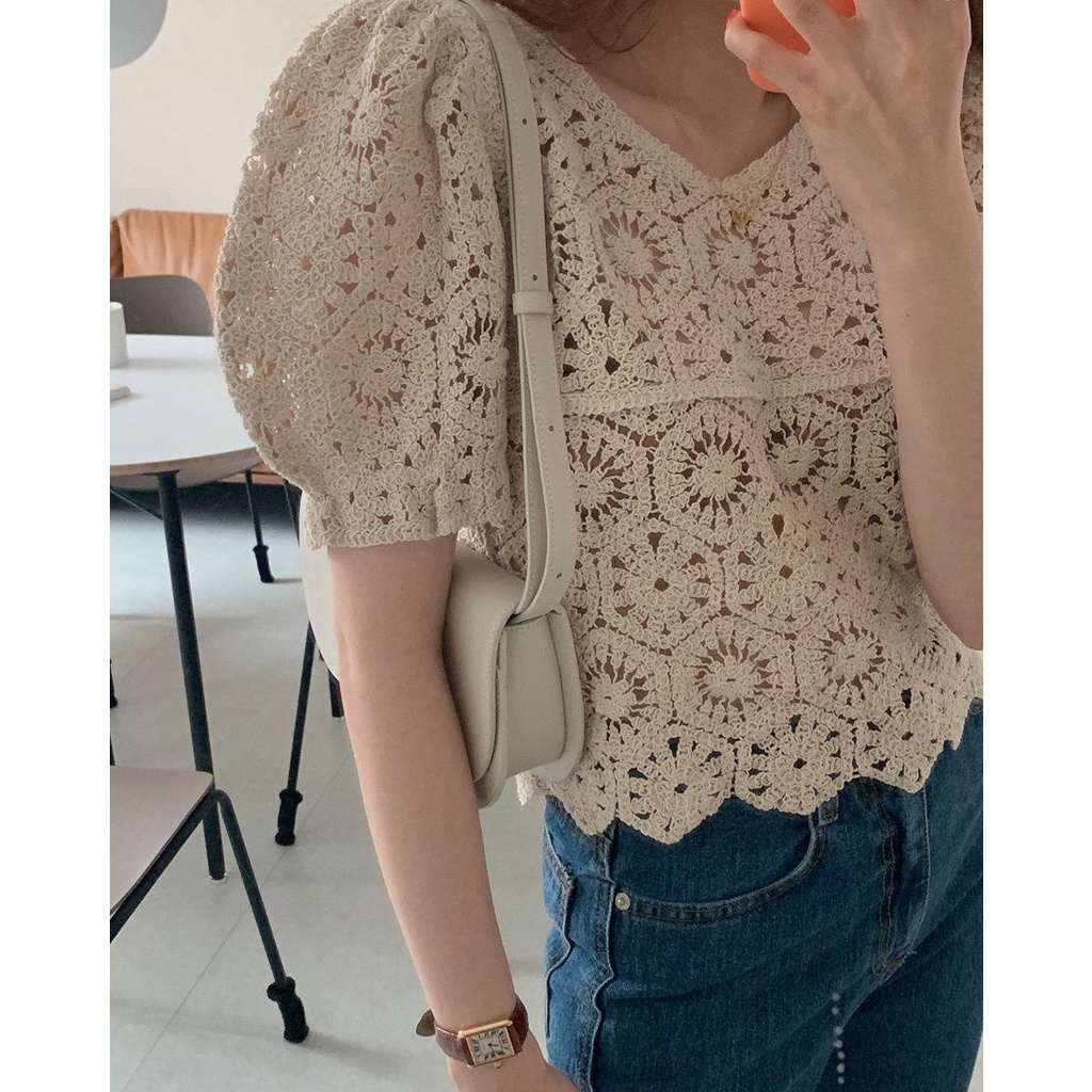 เสื้อแขนสั้น ผ้าถักโครเชต์ ทรงหลวม สไตล์เกาหลี เรโทร เหมาะกับฤดูร้อน สําหรับผู้หญิง 2025 - รูปที่ 6
