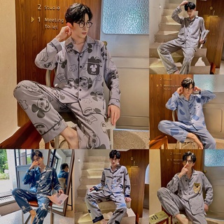 Man Autumn Pure Cotton Pajamas Men Cardigan Casual Cartoon Pyjamas Plus Size Long Sleeve Sleepwear Male Suit 100%cotton