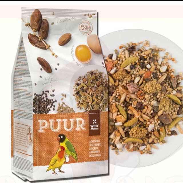 Puur. Lovebird อาหารนกเลิฟเบิร์ดและนกพันธุ์เล็กทุกชนิด ผลไม้รวม 33ชนิด นำ้หนัก 750g