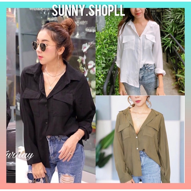 Sunny ::𝐵𝐴𝑆𝐼𝐶 𝑆𝐻𝐼𝑅𝑇:: เสื้อเชิ้ตกระเป๋าคู่ ดีไซส์กระเป๋าเฉียง ผ้ามัสลินนิ่มมากกกการันตี