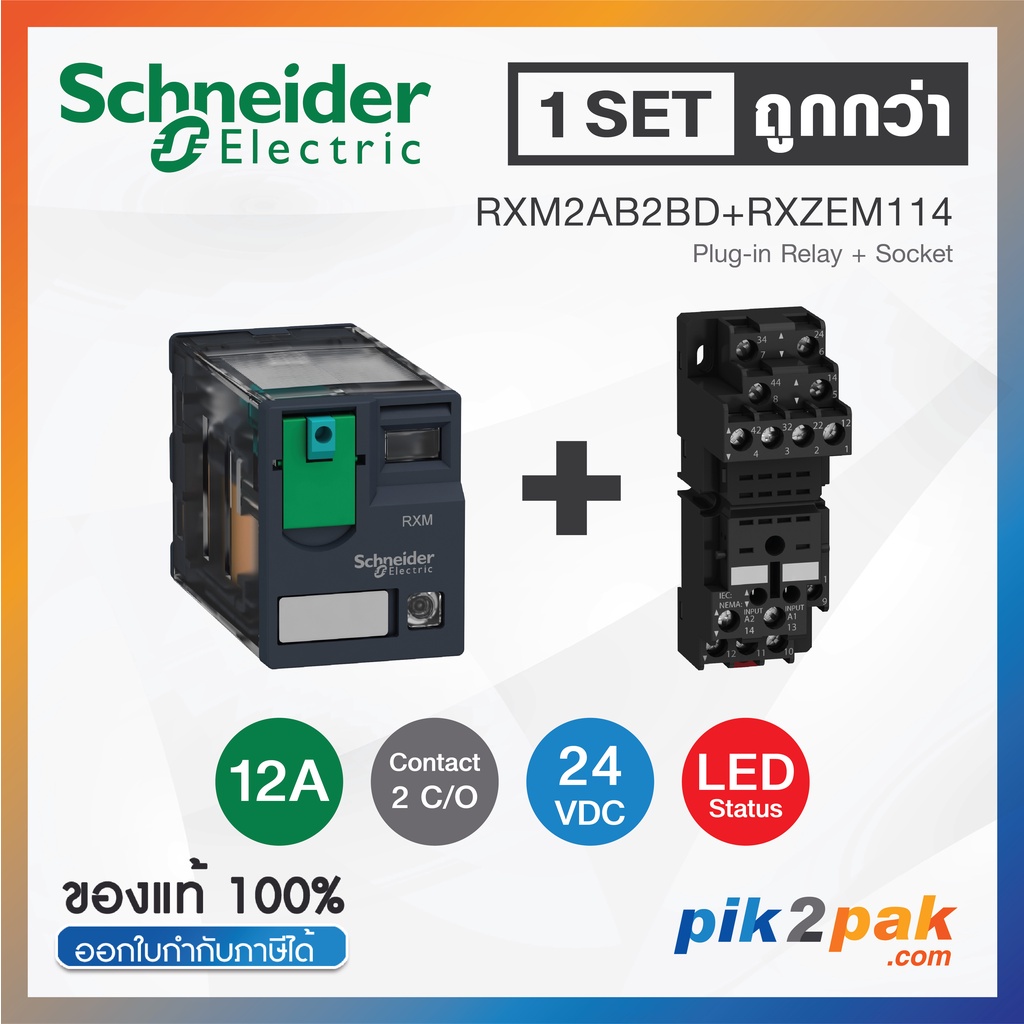 RXM2AB2BD + RXZE2M114 (1 Set) รีเลย์พร้อมฐานเสียบ 2คอนแทค 12A 24VDC ไฟ