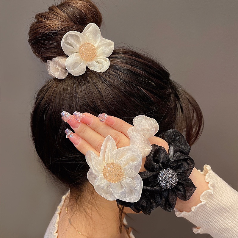 ยางรัดผม ผ้าตาข่าย ประดับพลอยเทียม ลายดอกไม้ ขนาดใหญ่ สไตล์เกาหลี