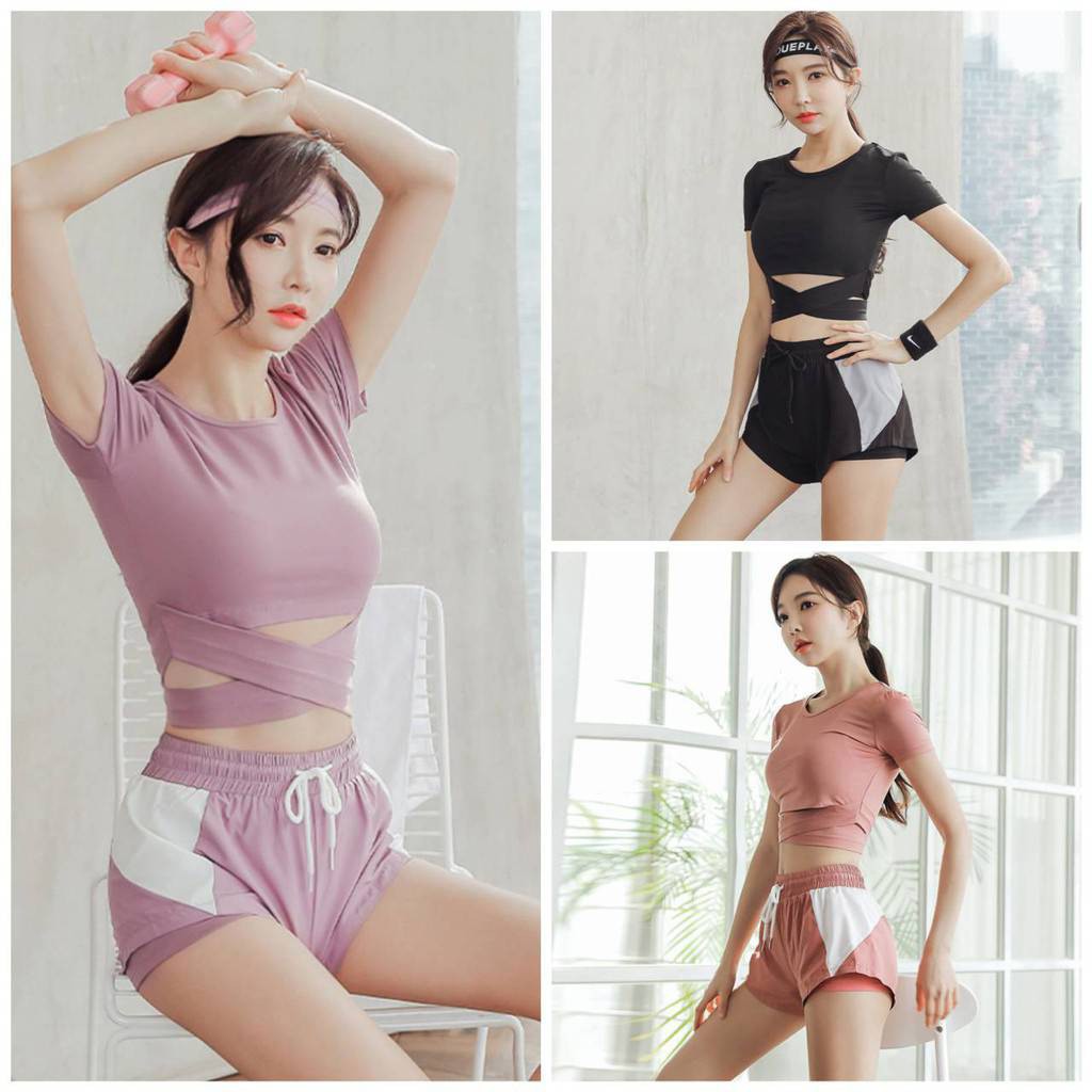 (ขายแยก) ชุดออกกำลังกายผู้หญิง เสื้อครอป​ กางเกงขาสั้นแยกชิ้น (พร้อมส่ง) รุ่น 059