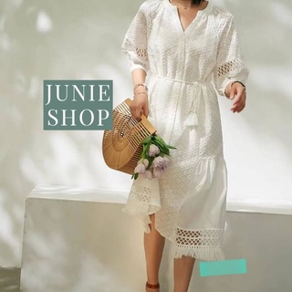 JUNIE SHOP เดรสเกาหลี เดรสขาวลูกไม้ยาว