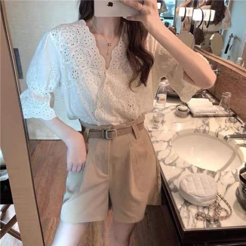 ชุดเซ็ท ได้ 3ชิ้นนะคะ เสื้อลูกไม้+เข็มขัด+กางเกง Sale 190฿