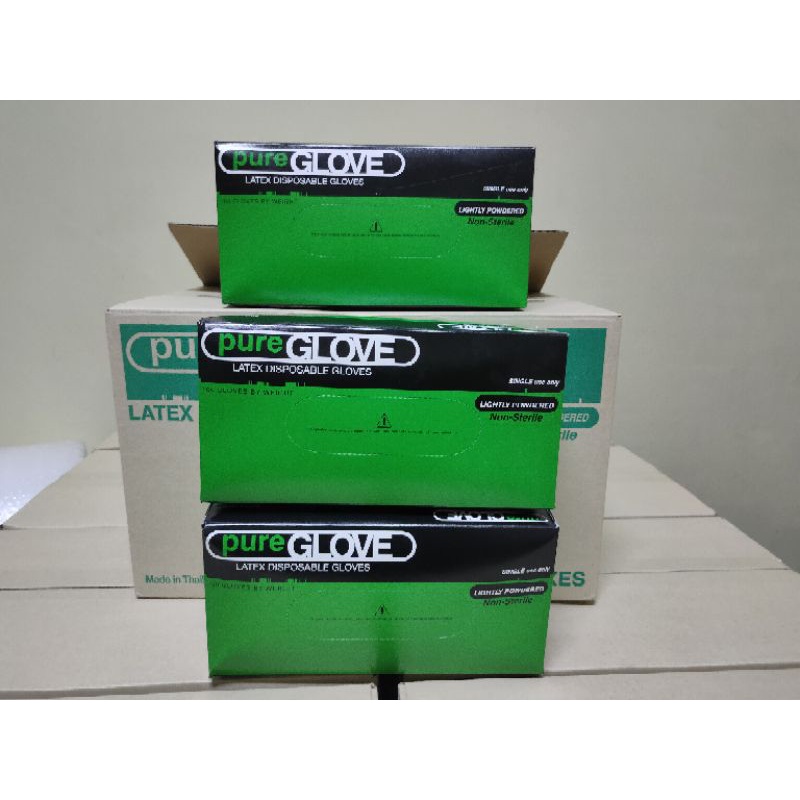 ถุงมือยาง Latex กล่องเขียวมีแป้ง PureGlove ( 1กล่อง 100 ชิ้น )