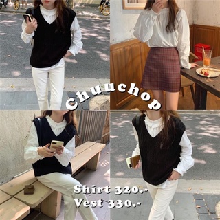 CHUUCHOP_ พร้อมส่ง(C2241-C2242)🎄☃️🧸Snow shirt &amp; vest เสื้อเชิตสีขาว และเสื้อกั๊กไหมพรมสีดำ (ขายแยกชิ้นกัน)