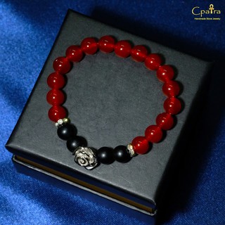 กำไลหิน 8 มิล  หินนำโชค carnelian &amp; Onyx +  Rose charm sterling silver 925