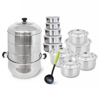 Stainless Steamer Set ชุดซึ้งนึ่ง 3 ชั้น 28 cm + หม้อแขก 5 ใบ + โถเงิน 5 ใบ + กระบวยไนล่อน