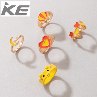 Color Contrast Combination Ring Color Scallop Double Love Moon Piglet Drop Ring 5-Piece Set fo