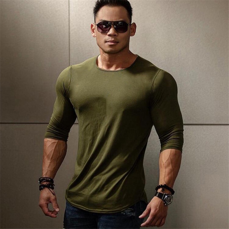 เสื้อยืดแขนยาวผ้าฝ้ายสําหรับผู้ชายใส่ออกกําลังกายเพาะกายเพาะกายฟิตเนส