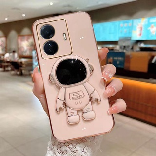 Oppo A17 A77s A77 5G A57 2022 เคสซิลิโคน TPU นิ่ม เคลือบเงา ทรงสี่เหลี่ยม + ขาตั้งนักบินอวกาศ