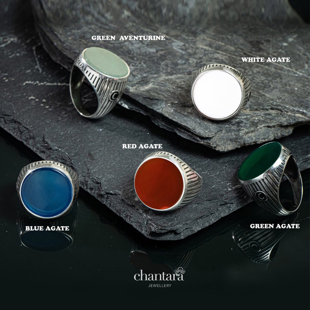 CHANTARA - แหวหิน แหวนชาย Blue agate, Green agate, Red agate, White agate แหวนเงิน ฟรีผ้าเช็ด