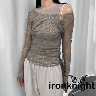 Ironknight- เสื้อซีทรู แขนยาว เปิดไหล่ สีพื้น สําหรับผู้หญิง