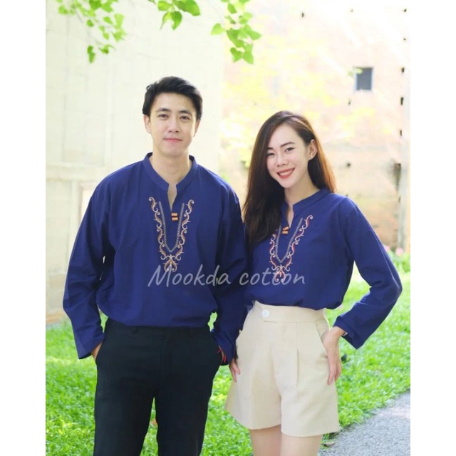 เสื้อผ้าฝ้ายคอจีนปักสร้อยทรงผู้ชายเขนสามส่วน