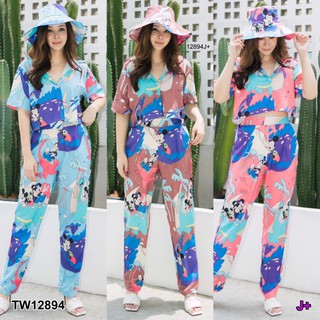 PP12894 Set3ชิ้น #สาวอวบ เสื้อเชิ้ตครอป+กางเกงขายาว+หมวก ลายการ์ตูน