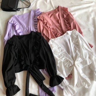 เสื้อแขนสี่ส่วนแต่งระบาย ทรงป้ายหน้าผูกเอว OCT0702
