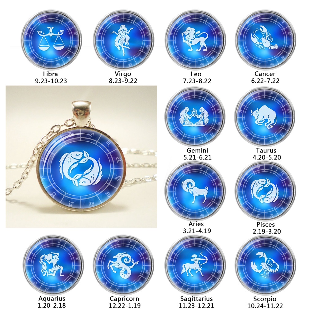 แฟชั่น 12 Zodiac Sign สิบสอง Constellation แก้ว Cabochon จี้สร้อยคอ Aquarius ราศีมีน Aries Taurus Ge