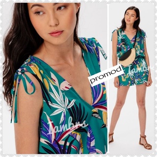 🌺Promod Playsuit🌺เพลย์สูทขาสั้น บ่ารูดผูกโบว์เขียวพิมพ์ลาย 👍แบรนด์Promod🌺