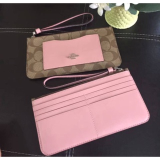 🎀 ส่งฟรี คล้องมือ 1L สีน้ำตาลลายซีชมพู Petal COACH F37565  ZIP TOP WALLET IN SIGNATURE CANVAS