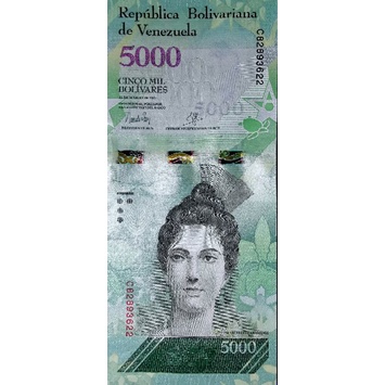 แบงก์​สะสม​ เวเนซุเอลา​ Venezuela, 5000 Bolivares, ไม่​ผ่าน​ใช้​ UNC, B131T