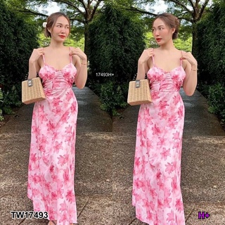 Maxi Dress แม็กซี่เดรสสายเดี่ยวผูกเชือกหลังลายดอก  มีซิปหลัง ยางยืดหลัง ผ้าไหมอิตาลี่สวย  AP17493