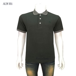 เสื้อโปโล คอลายแฟชั่น ALM01 แบบชายทรงตรง สีเขียวขี้ม้า  ไม่มีกระเป๋า คอลายแฟชั่น เนื้อผ้า Cotton 100%