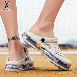 YIPINYOUYOUShuใหม่ขอบพรางผู้ชายรองเท้าชายหาดกลางแจ้งรองเท้าแบบมีรูระบายรองเท้าแตะ Baotou Y3fX
