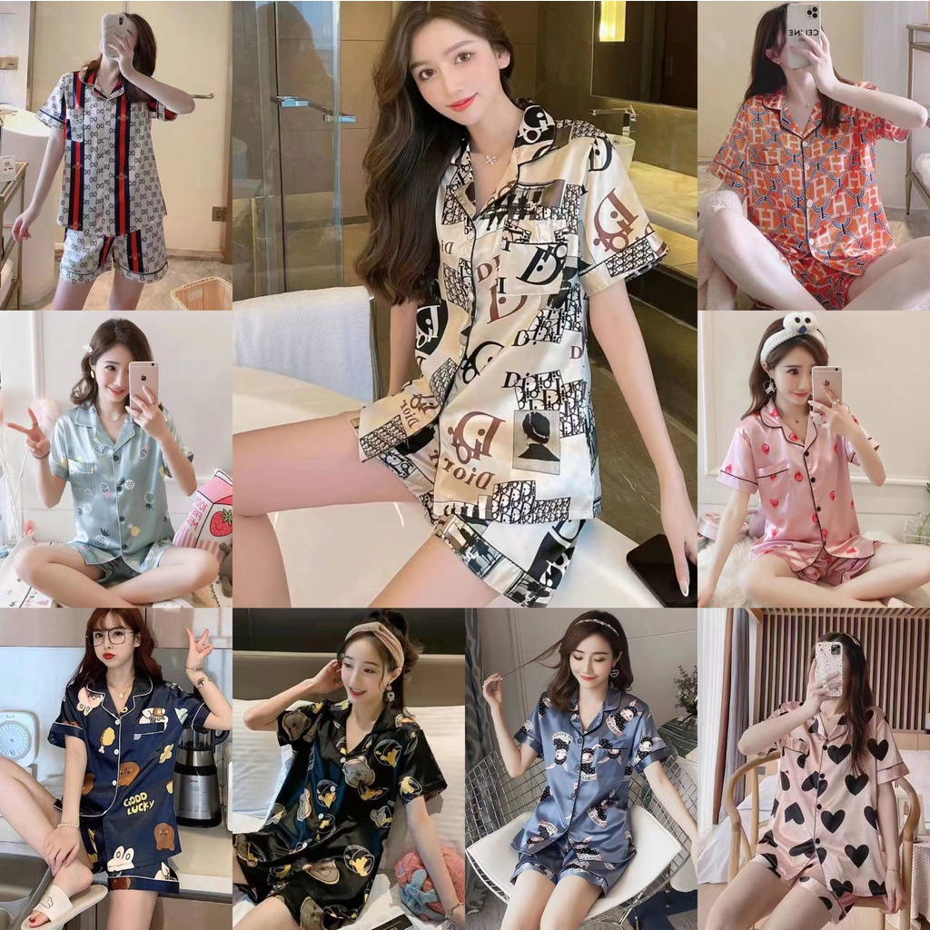 B444 ★ส่งจากไทย★ ชุดนอนผู้ใหญ่ผ้าซาตินแขนสั้นขาสั้น ลายใหม่ ลายน่ารัก