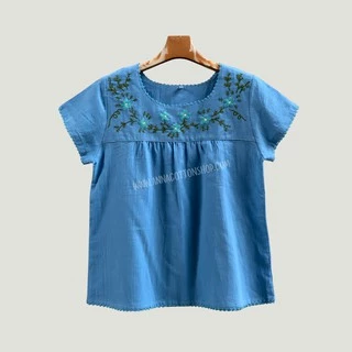 เสื้อผ้าฝ้ายผู้หญิง สวมใส่ง่ายสบายๆ งานปักมือน่ารัก งานถักโครเชต์ คอยูแขนสั้นใส่ทำสวน ปลูกดอกปลูกต้นไม้เข้าครัว