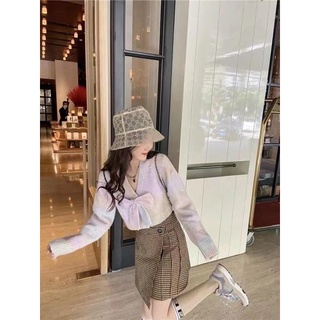 เสื้อครอปไหมพรม เสื้อไหมพรมแขนยาว เสื้อคาร์ดิแกนสีพาสเทลติดโบว์