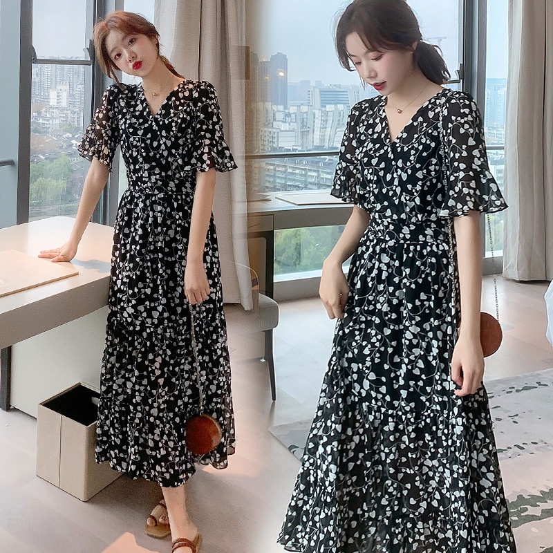 Dress womens summer dress 2021 new floral chiffon black kneelength