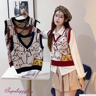 เสื้อกั๊กถักสตรีแขนกุดไม่รัดรูปแนวเกาหลีคอวี