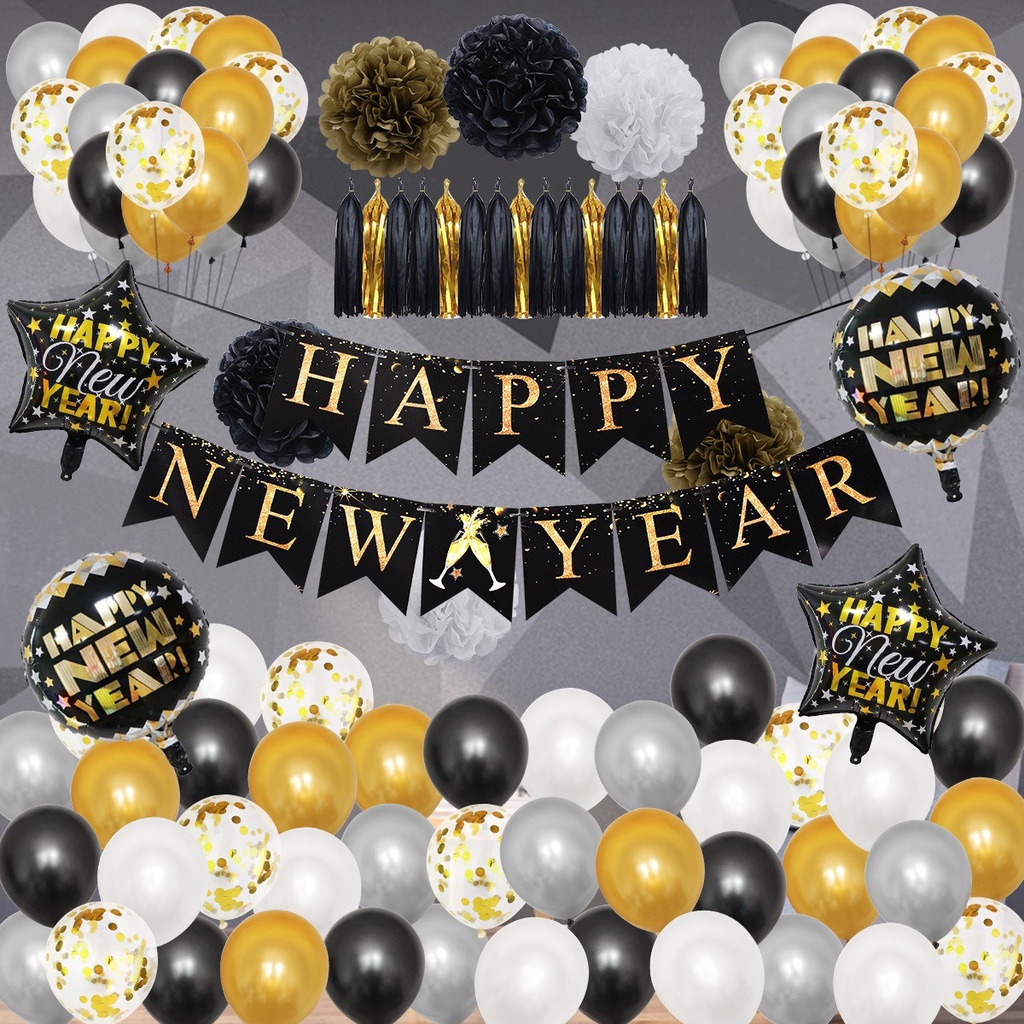 พร้อมส่ง ลูกโป่ง ชุดลูกโป่งสวัสดีปีใหม่ Happy New Year Balloon set 2025 แถมฟรี ที่สูบลูกโป่ง + สติ๊กเกอร์กาว