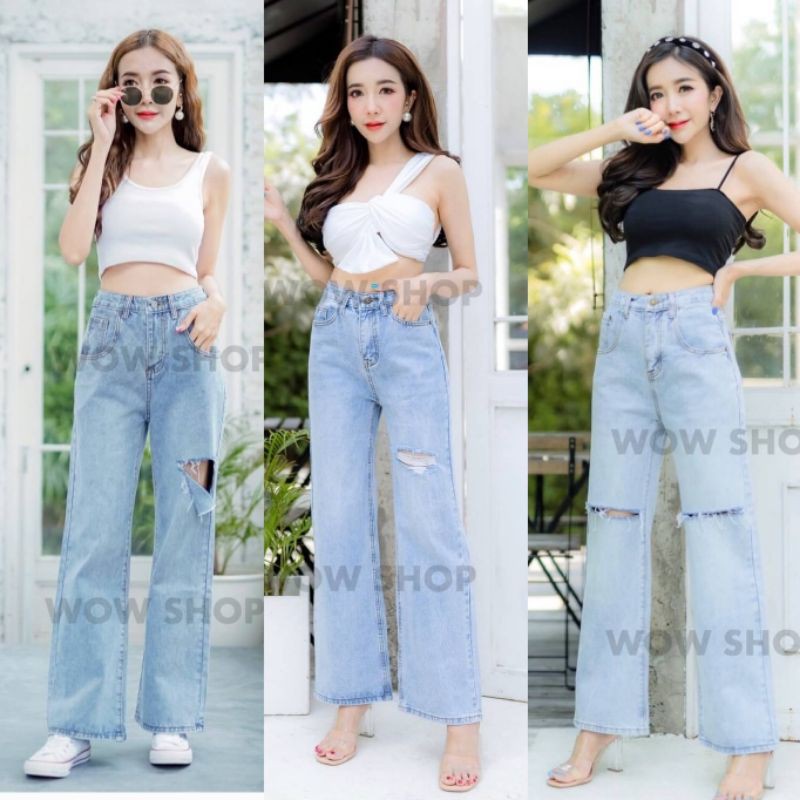 (s-xl) กางเกงยีนส์ทรงกระบอกใหญ่ ผ้าไม่ยืด ป้าย wow shop #1starblack