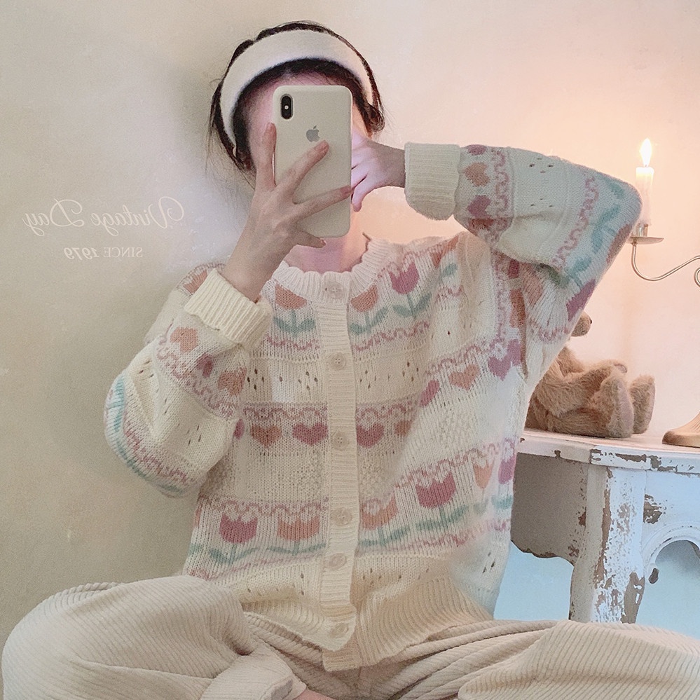 ใหม่ FLOWER CARDI KOREAN CARDIGAN SWEATHER เกาหลี SWETER ผู้หญิง PREMIUM KNIT MATERIAL