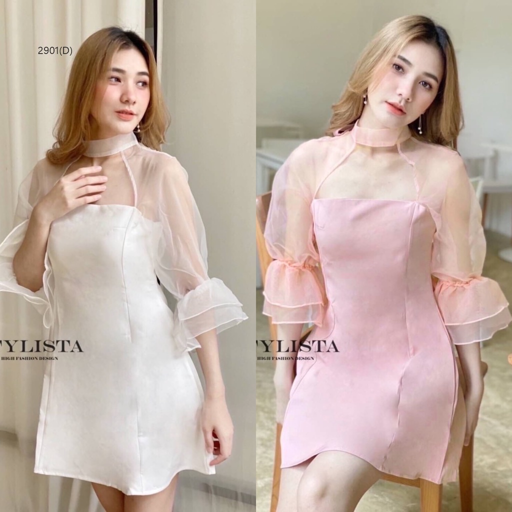 BS2901  เดรสแขนพองซีทรู อกเว้าทรงคอตั้ง ดีเทลหลังผูกโบว์เกร๋ๆ แขนเป็นชั้นๆ งานซิปหลัง คอลใหม่ โทนสีเรียบ ใส่ออกงาน ใส่เท