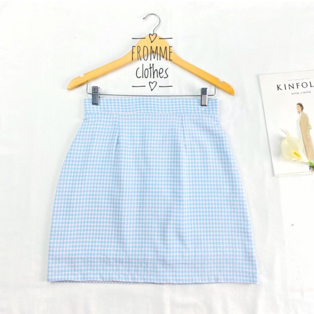 กระโปรงทรงเอลายตารางสีฟ้า(XS-5XL)